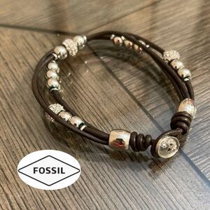 Fossil Arm Candy Silver-tone Beaded & Brown Leather Bracelet